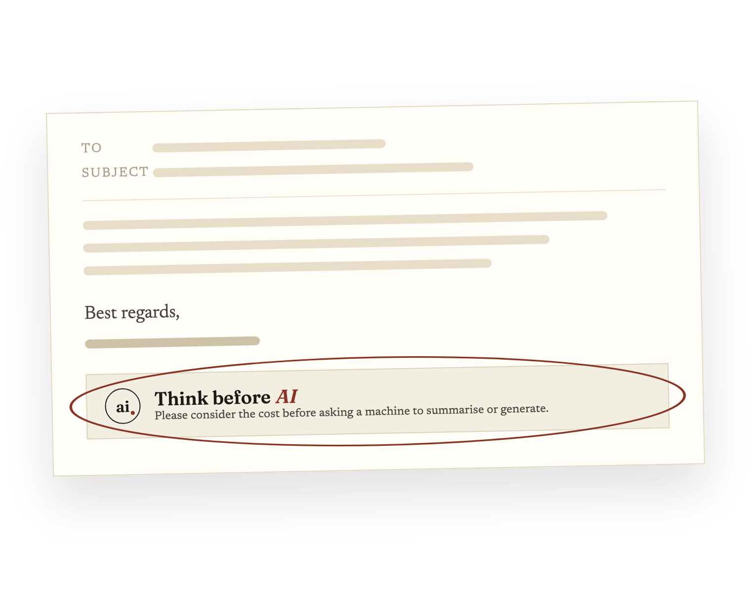An email signed off with a Think before AI banner, circled in red.
